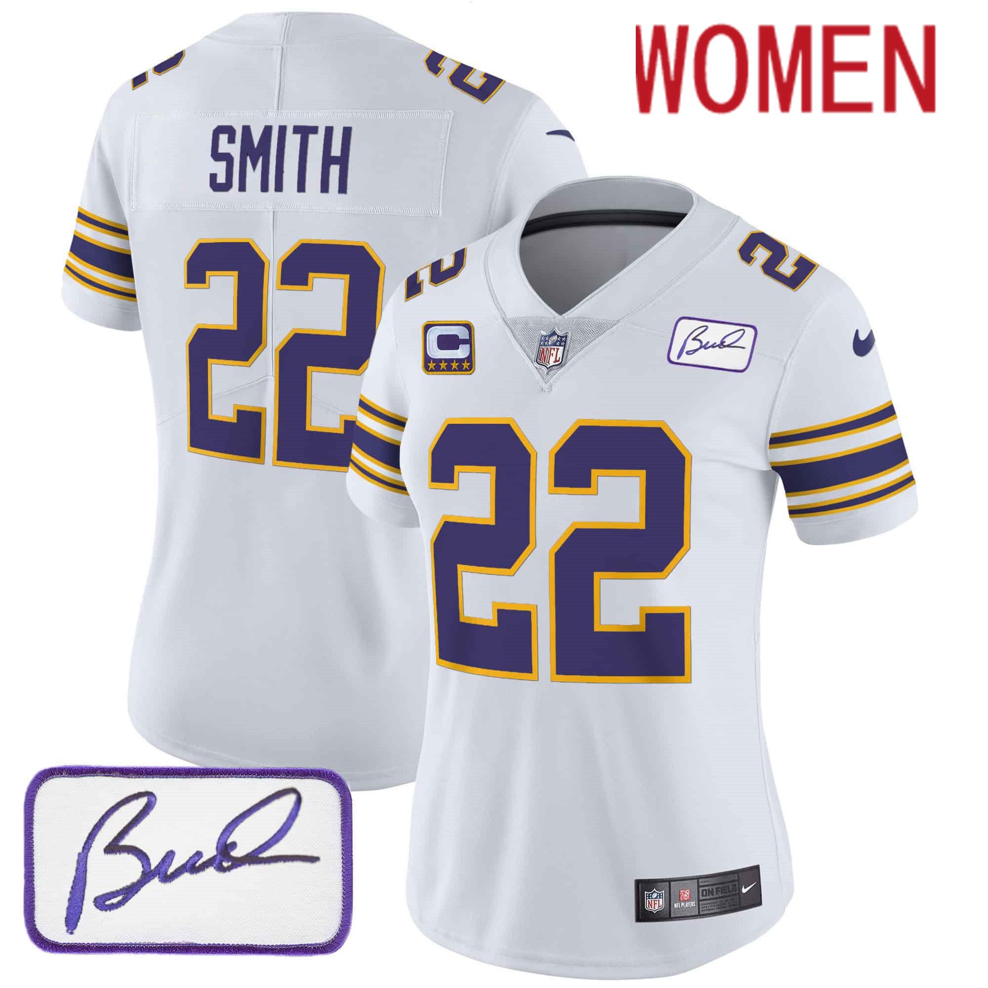 Women Minnesota Vikings #22 Smith White 2024 Nike Bud Grant Patch Classic Limited NFL Jersey->women nfl jersey->Women Jersey